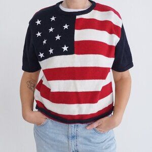 Vintage Christopher & Banks Navy Red Patriotic USA Flag Knit Crewneck Sweater XL